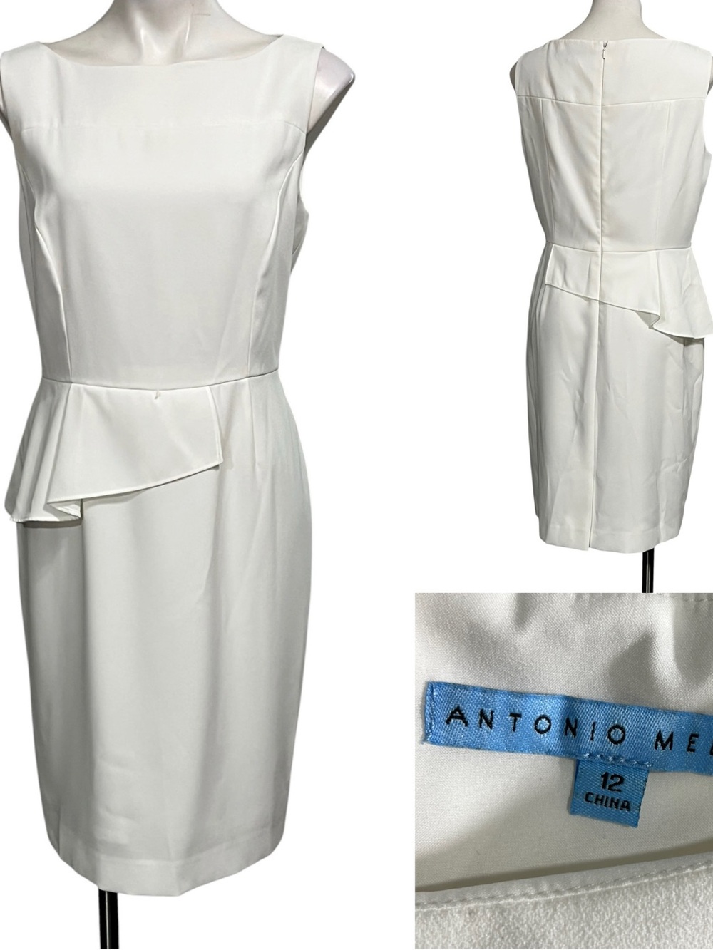 ANTONIO MELANI Dress 12 White Sleeveless Peplum knee length Sheath office church